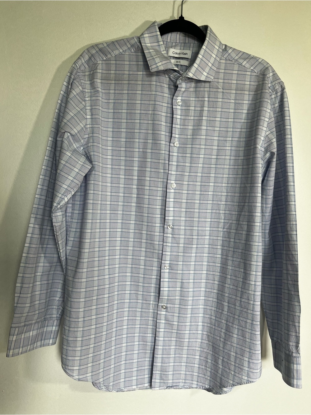 Calvin Klein Men’s Light Blue and White Plaid Dress Shirt